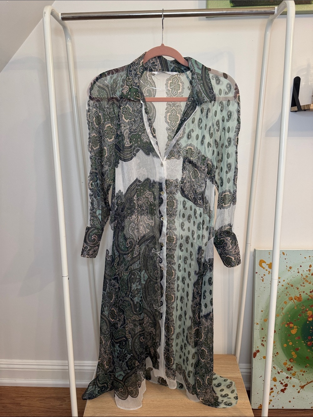 Zara Lightweight Paisley Button-Front Sheer Maxi Dress - Green/White size M